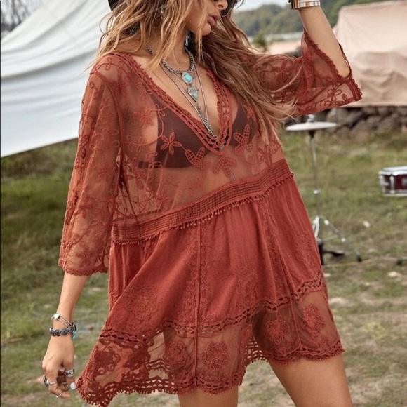 Bohemian Floral Embroidered Beach Cover up Burnt Orange - Picture 5 of 12